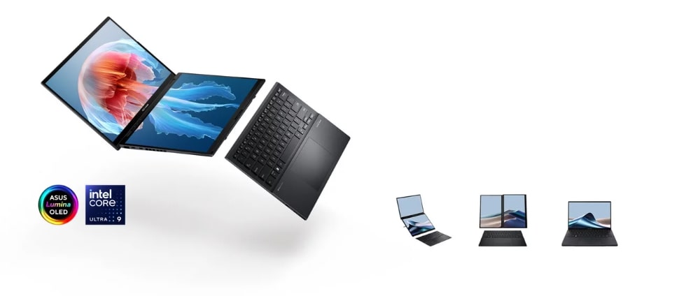 ASUS Zenbook Duo OLED con doble pantalla y procesador Intel Core Ultra 9, mostrando múltiples modos de uso